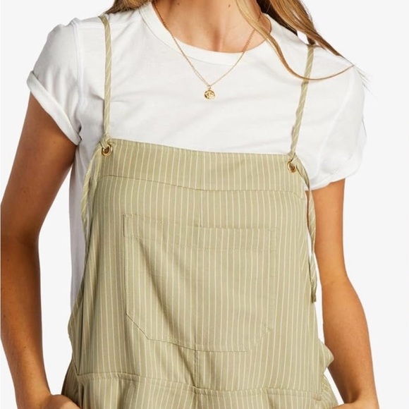 Billabong Beach Striped Olive Green Lightweight Romper Overalls Medium - Picture 2 of 9